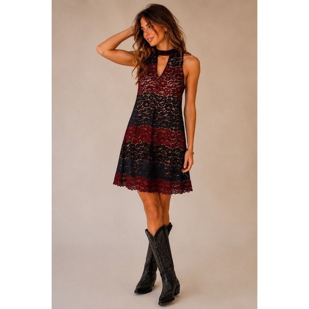 Moon River Lace Dress XS Burgundy Black Halter Lace Up Back Boho Mini